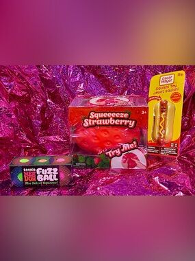 Squeeeeze Strawberry , Teanie NEEDOH Fuzz Balls 3pack ,Oscar Mayer Squishi Toy!